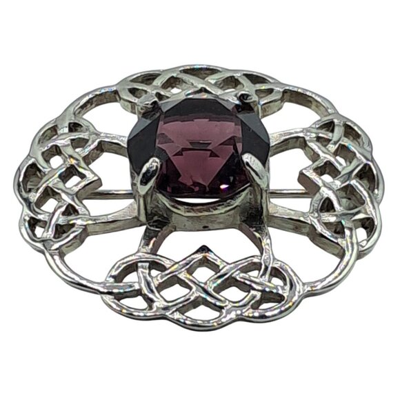 Vintage Celtic Knot Brooch Purple Glass Rhinestone Scottish Art Pewter Pin - Picture 1 of 9